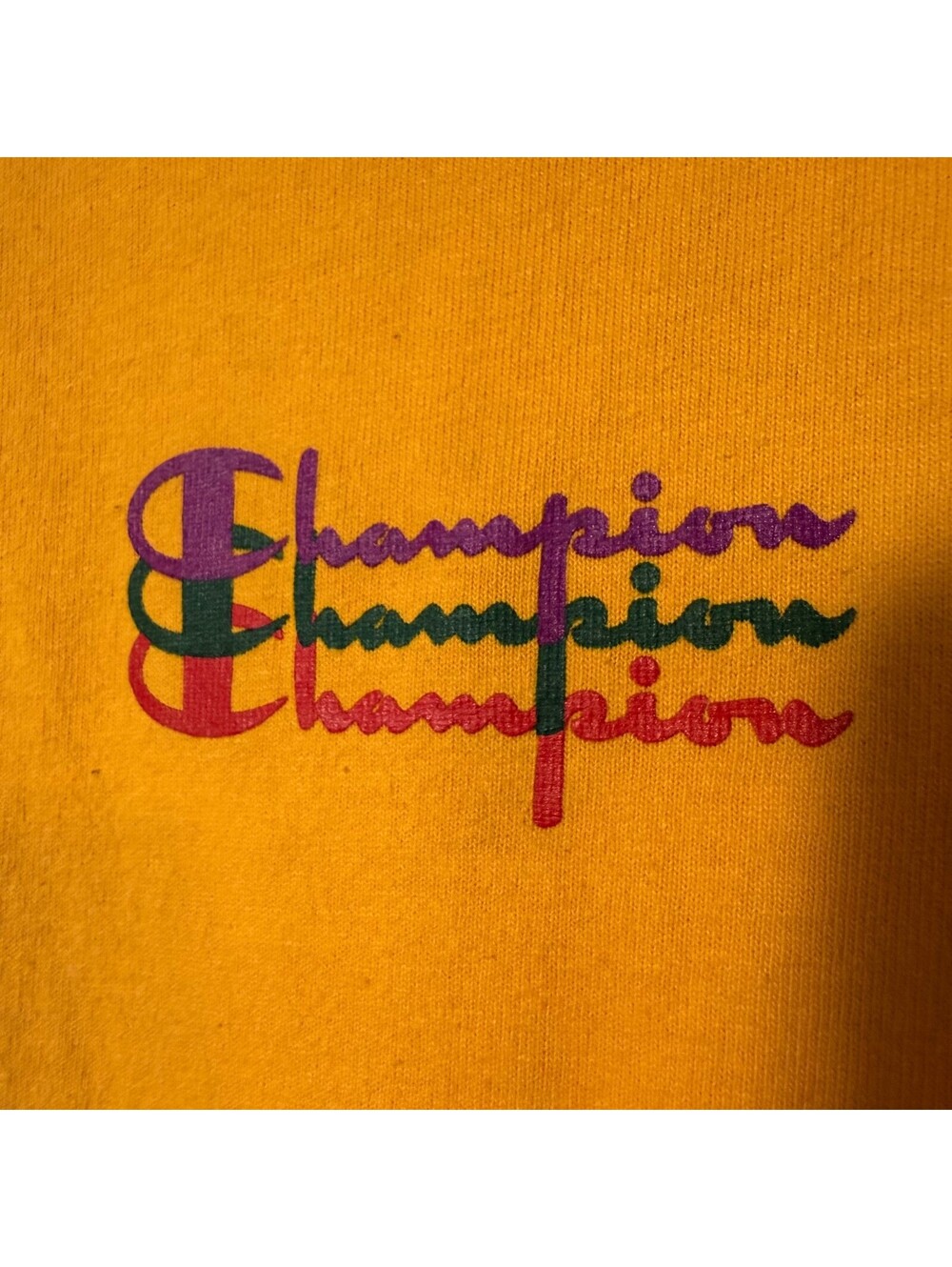 Vintage 90s Champion Graphic T-Shirt Gold Mustard Spellout Back Print M - Picture 3 of 8